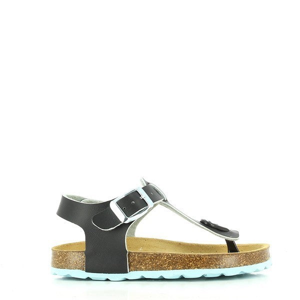 The image features Plakton's 111676 Black Kids Thong Sandals, showcasing their sleek design and classic thong style. Crafted with eco-friendly cork soles and leather uppers, these sandals offer both style and comfort for young feet. The adjustable buckle ensures a customized fit, while the round toe shape provides ample room for toes to move freely. Made in Spain with meticulous attention to detail, these sandals are the perfect addition to any child's wardrobe.