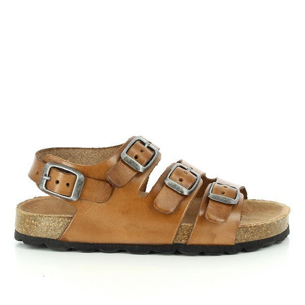 The photo shows Plakton's 115081 Tan Slingback Kids Sandals from the side, highlighting the elegant tan leather upper and three adjustable straps for a secure fit.