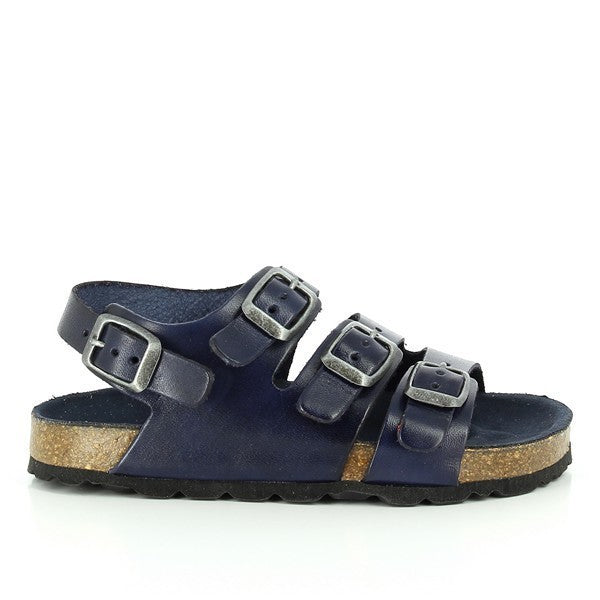 The photo shows Plakton's 115081 Navy Slingback Kids Sandals from the side, highlighting the sleek navy leather upper and the adjustable straps, ensuring a secure fit.