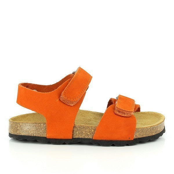 The photo showcases Plakton's 115093 Orange Slingback Kids Sandals from the side, highlighting the vibrant orange leather upper and adjustable velcro straps, ensuring a secure and comfortable fit. The cork sole offers cushioned support, while the round toe shape provides ample room for little toes to move freely. Made with quality materials and crafted in Spain, these eco-friendly sandals are both stylish and sustainable, making them the perfect choice for your child's footwear collection.