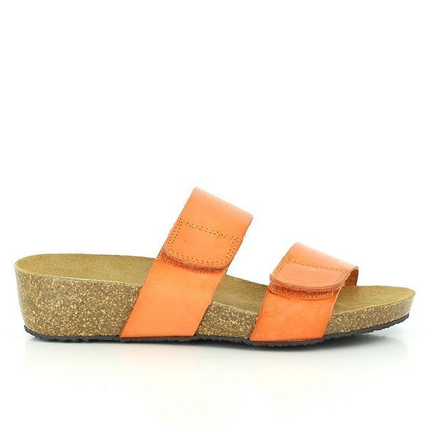 A detailed side view of Plakton's 243001 Orange Low Heel Wedges, showcasing the vibrant orange leather upper, adjustable buckle, and the modest heel platform ranging from 1.5cm to 4cm. This angle highlights the sleek design and comfortable height.