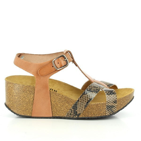 A close-up image showcasing the side profile of Plakton's 273015 Snake Print Wedges. The snake print leather upper contrasts elegantly with the natural cork sole. The unique cross-band design and adjustable buckle strap are visible, highlighting the sandal's stylish and functional elements.