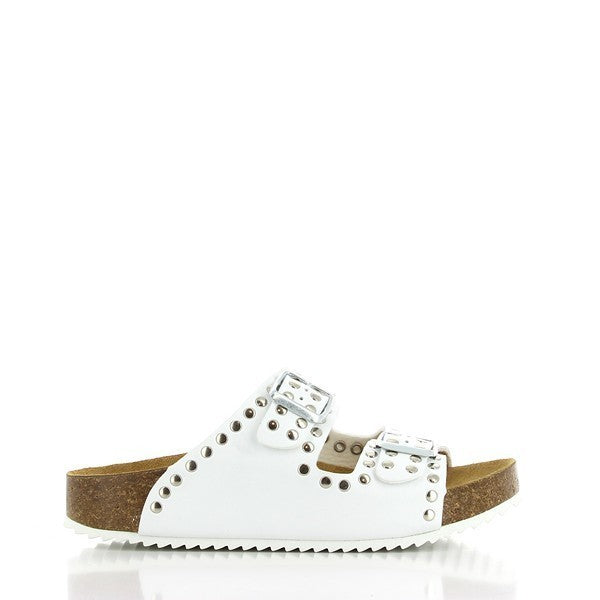 Embrace elegance with Plakton's 340010 White Studs Double Strap Sandals. Crafted from premium leather, this side view showcases their sleek silhouette, perfect for enhancing any outfit.