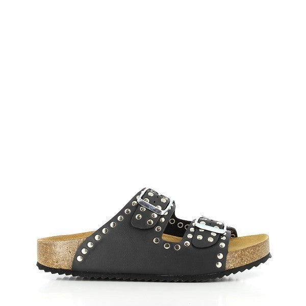 Side view of Plakton's 340010 Black Studs Sandals, showcasing the premium black leather upper with stylish studs and the 2.5cm cork heel-platform for added comfort and style.
