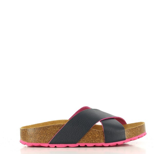 Capture the sleek profile of Plakton's 341051 Navy Cross-Strap Sandals, showcasing their premium leather upper and cork sole, ideal for stylish comfort and durability.