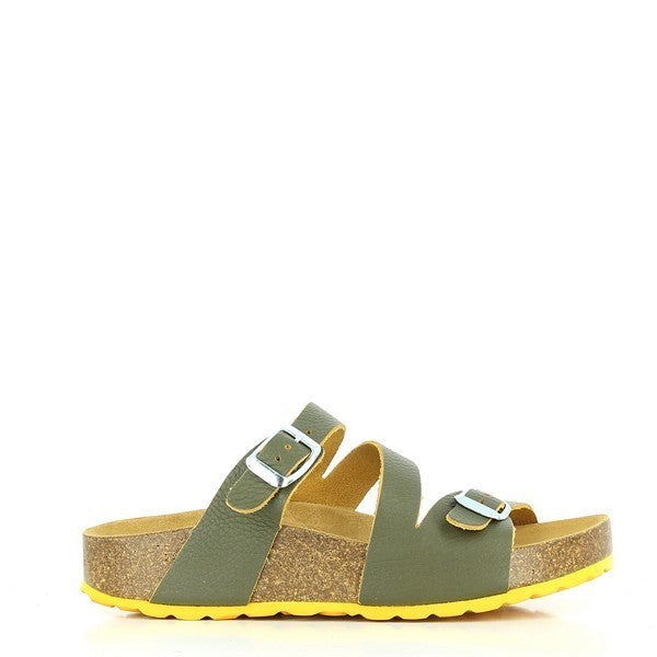 A close-up view of the side of the Plakton 341210 Khaki Multi-Strap Sandals, showcasing the sleek leather straps and sturdy cork with a synthetic sole.