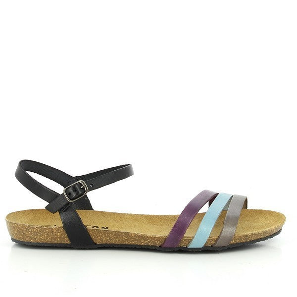 View the stylish Plakton sandal featuring three front straps in a vibrant mix of purple, light blue, and grey. The design showcases the premium leather craftsmanship and adjustable slingback for a perfect fit.