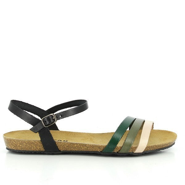 Explore the elegant Plakton sandal with front straps in beige, dark green, and khaki. The combination of earthy tones highlights the sophisticated design and premium leather quality.