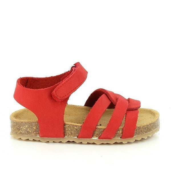 A sleek side view of Plakton's 855282 Red Slingback Kids Sandals, showcasing the vibrant red leather upper, adjustable Velcro strap, and the stylish round toe design.